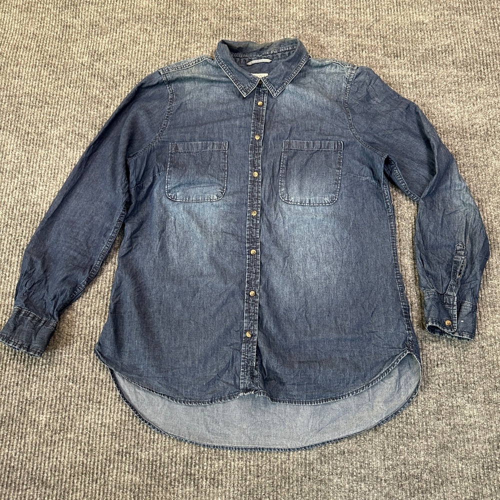 Merona Denim Button Down Shirt XL Blue Faded Cotton Long Sleeve High-Low Hem